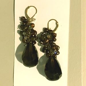 Smoky topaz and copper seed pearl drop earrings